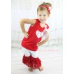 Red Tank Top White Lace Bow & Baseball Heart Print & White Cotton Short Pantie & Red Lace Ruffles P063